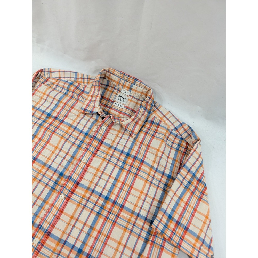 Men XXL Prana Organic Cotton Treking Trail Button front Plaid Shirt Rainbow
